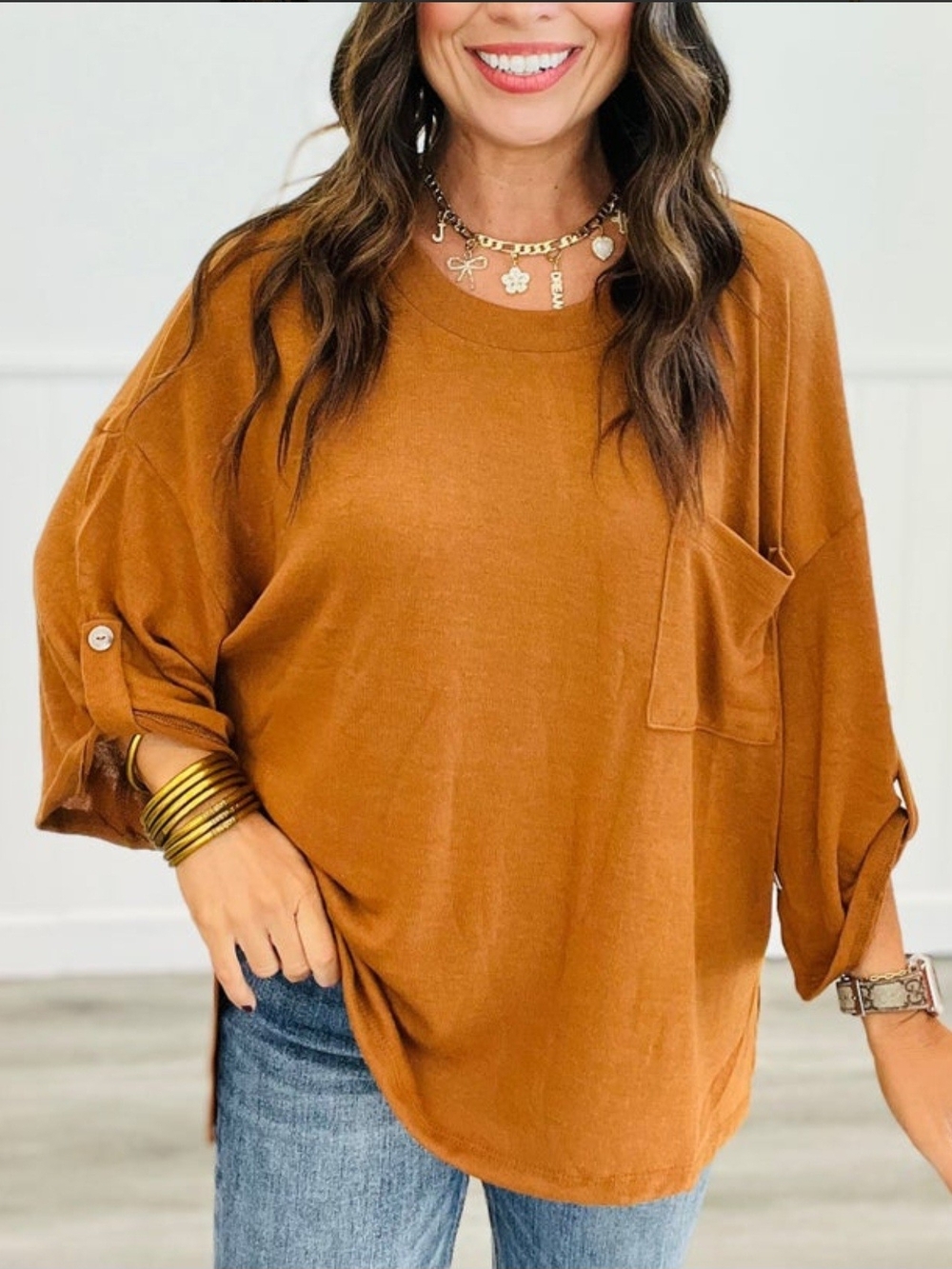 New Andree By Unit Chestnut 3/4 Sleeve Hacci Top Size Large